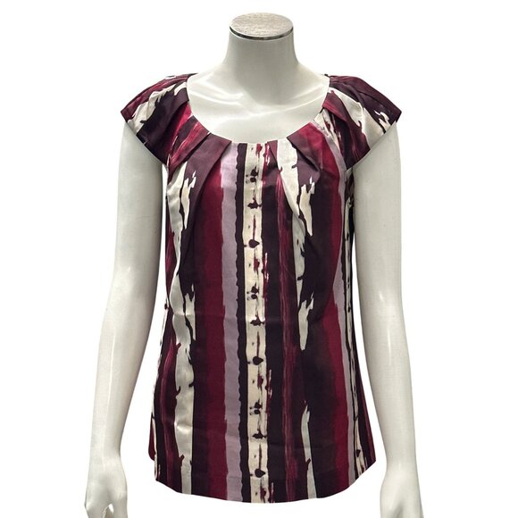 Ann Taylor Petite 4P Maroon Cream Abstract Cap Sleeve Blouse Polished Career - Picture 2 of 13